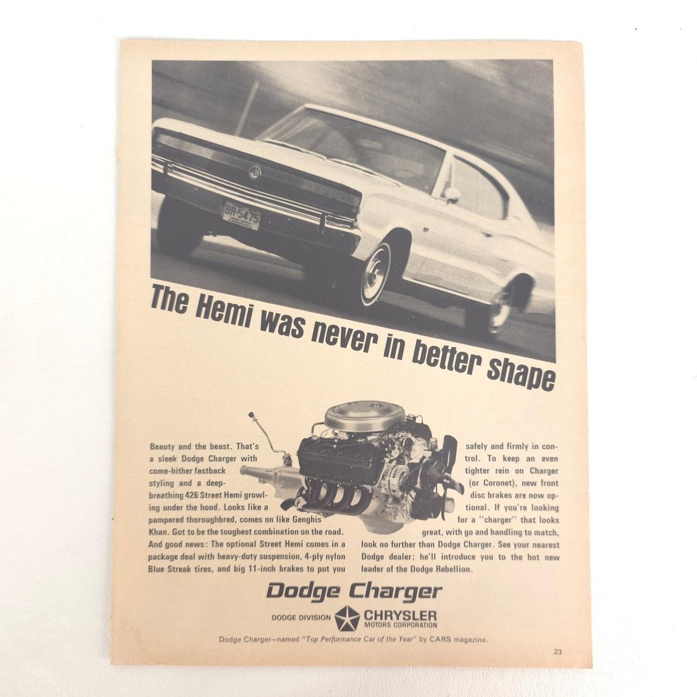 Vintage Dodge Charger Hemi Street Print Ad Muscle Car Performance Advertising